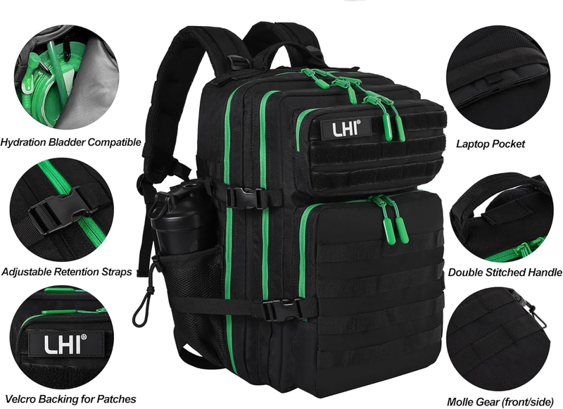 Military 45L Tactical Backpack Black Green Zipper MOLLE Travel Bag4