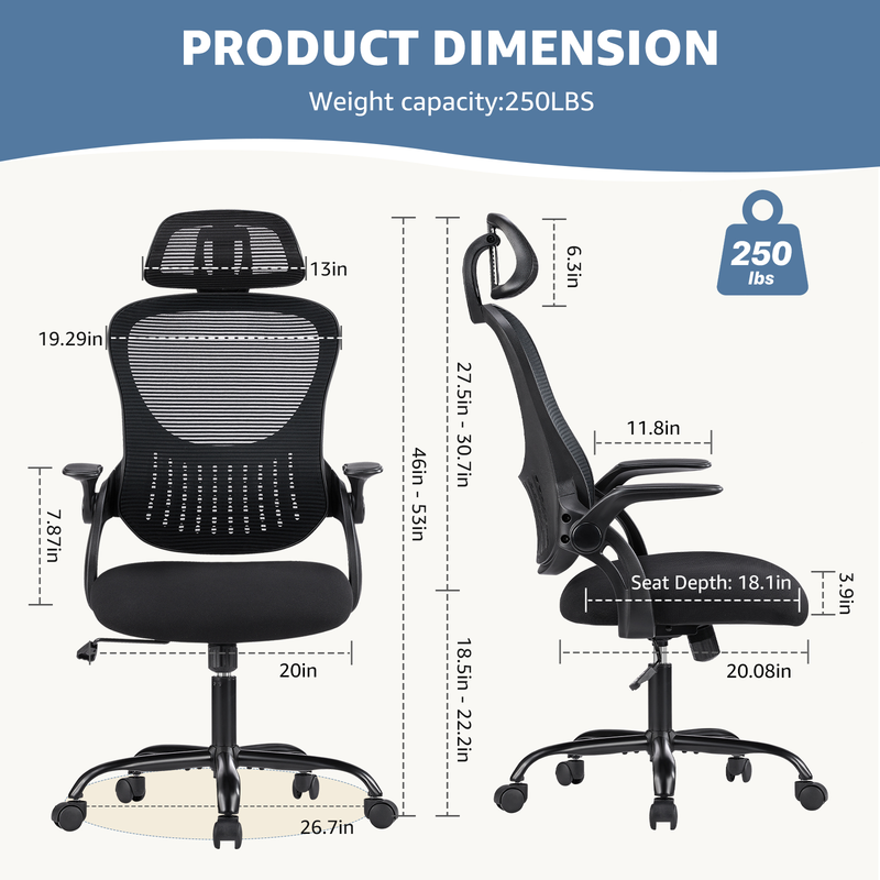 Office Desk Chair, Ergonomic High Back Mesh Chair with Headrest and Flip-Up Armr1