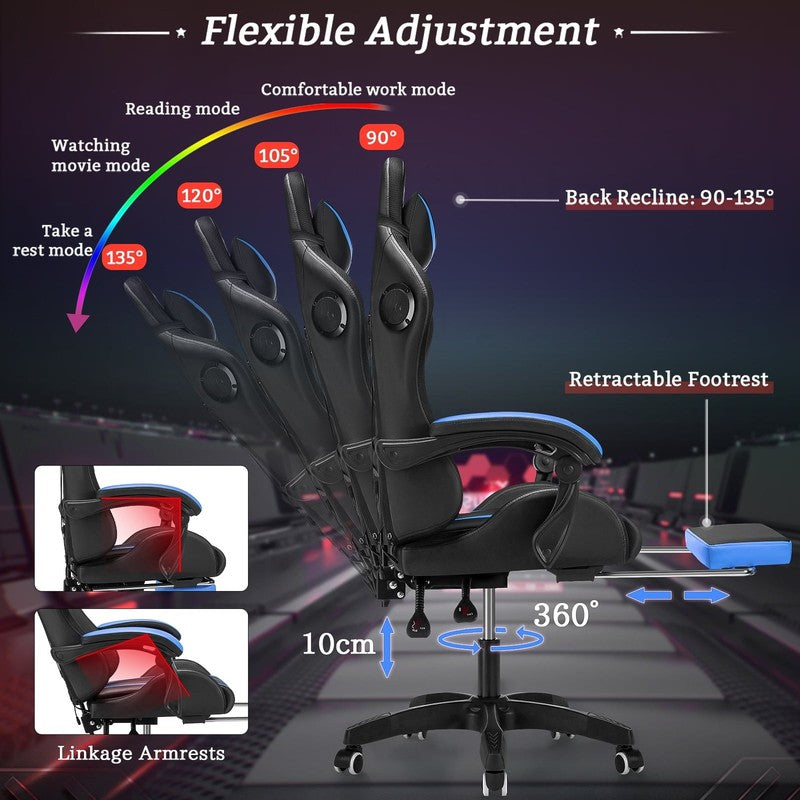 Gaming Chair with Speakers PU Leather Office Chair with Footrest and LED Lights 1