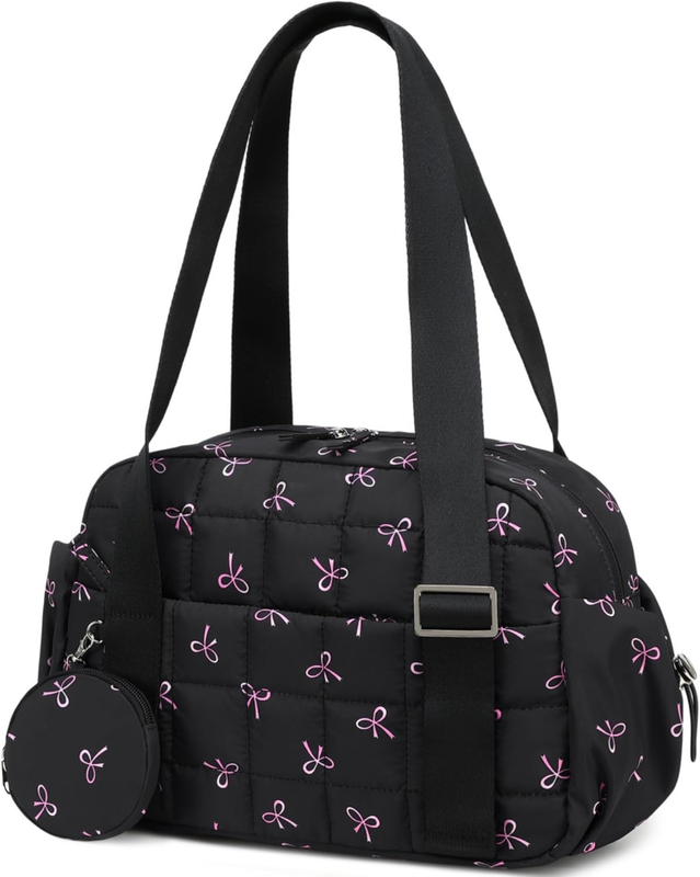 Mini Gym Bag Women Quilted Duffel Wet Compartment Coin Purse Black Pink Bow8