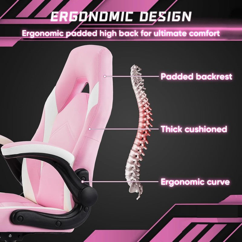 Pink Ergonomic Gaming Chair with Adjustable Height & Flip-Up Armrests3