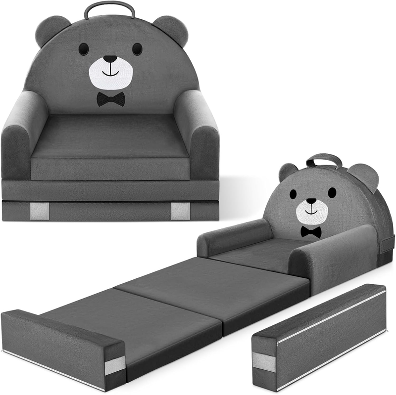 Kids Foldable Sofa Bed w/ Washable Cover, Crystal Velvet Toddler Chair Gray10