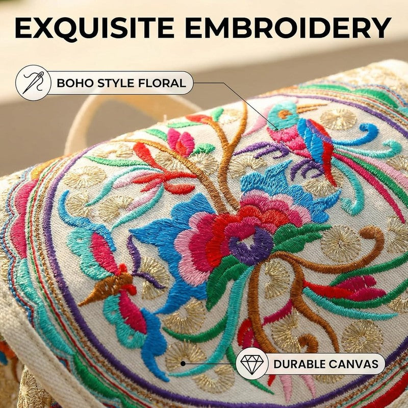Women Embroidered Backpack Boho Floral Mini Travel Shoulder Bag Beige Red7