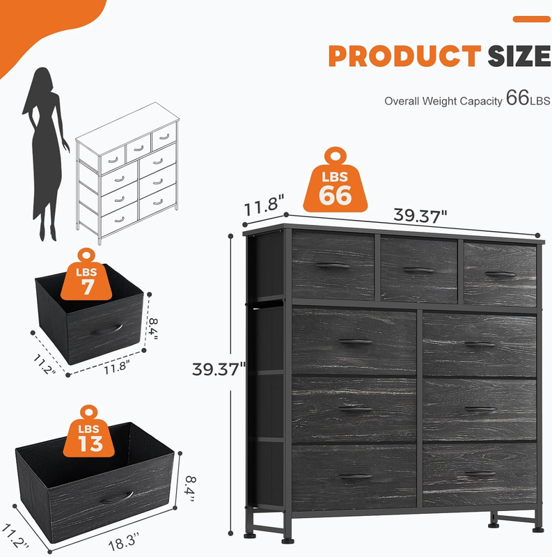 9 Drawer Fabric Dresser Storage Tower Steel Frame Wood Top Black2