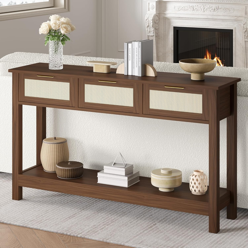 Walnut Console Table 3 Rattan Drawers Boho Entryway Storage Shelf 47" Long8