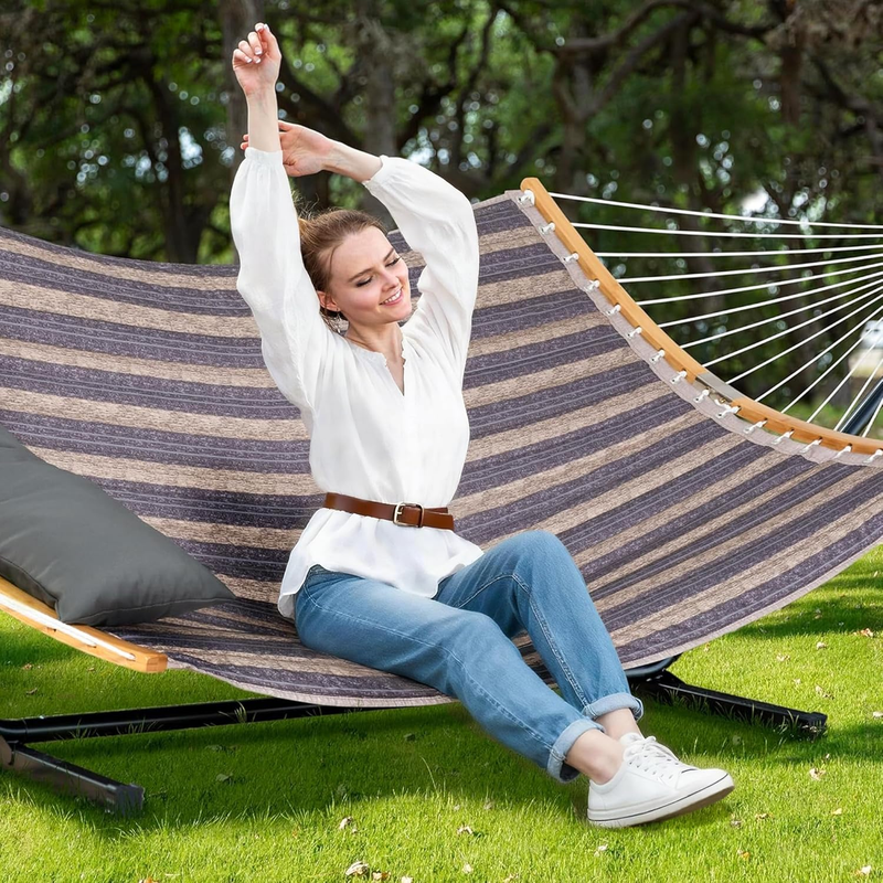 Double Hammock w/ Stand Curved Spreader Bar Carry Bag Gray Stripes1