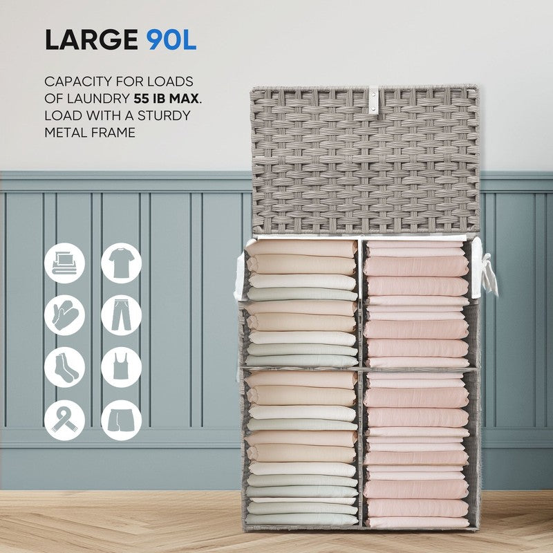 90L Handwoven PP Rattan Laundry Basket Gray w/ Lid, Foldable, Removable Liner6