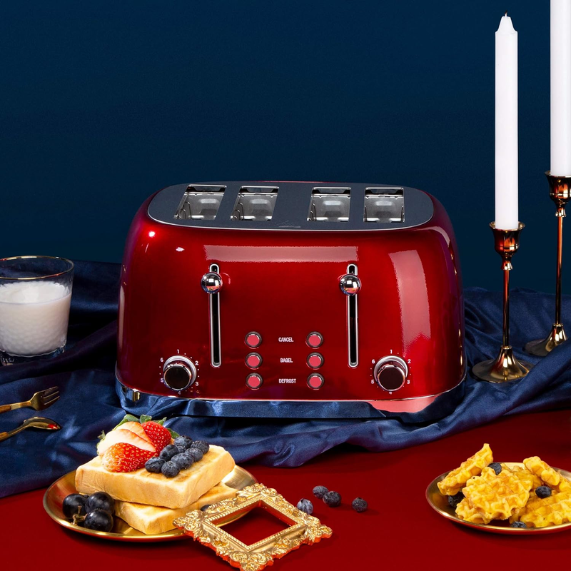Retro 4 Slice Toaster Red ST033 - Wide Slots, Bagel, Defrost, 6 Shade Crumb Tray6
