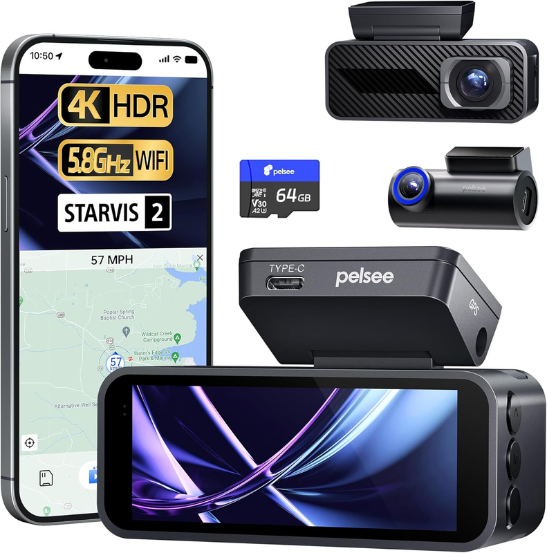 P1 Pro 4K Front/Rear Dash Cam STARVIS 64GB Card Night Vision GPS WiFi ADAS0