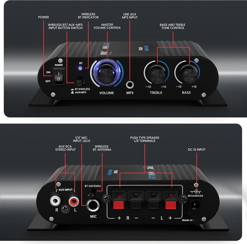 Wireless Bluetooth Home Amp 90W Dual Channel Mini Stereo RCA AUX LED PFA330BT4