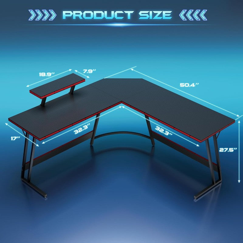 L Shaped Gaming Desk with Monitor Riser - Sturdy Corner Workstation (51 Inch)2