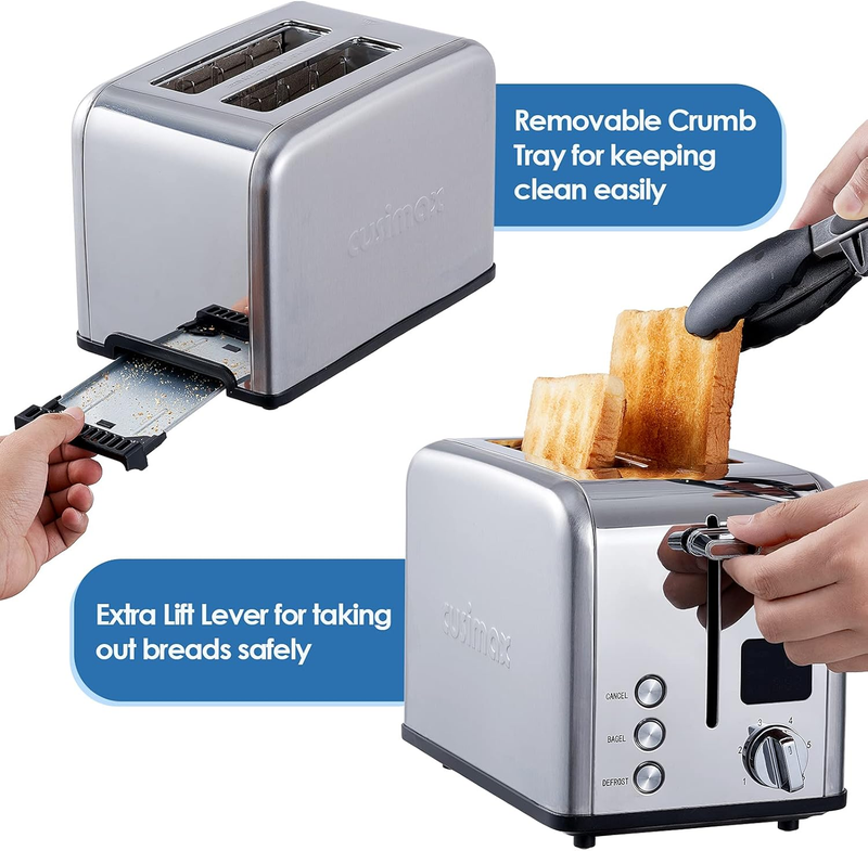 Silver Stainless Steel 2 Slice Toaster - LED Display, Wide Slots, 6 Shades Bagel5