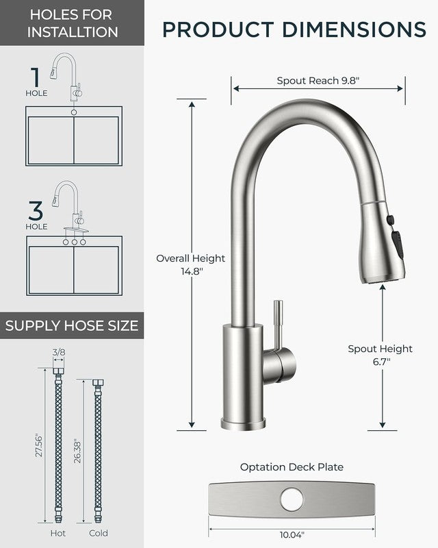 Brushed Nickel Pull Down Kitchen Faucet with Deck Plate for 1 3 Hole Sinks3