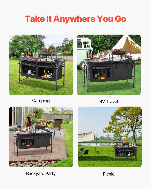 Camping Kitchen Table Folding Adjustable Height Cooking Station BBQ Storage Blac7