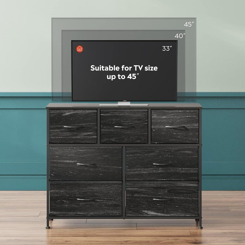 7 Drawer TV Stand Dresser Charcoal Black Wood Grain Metal Frame Storage Chest5