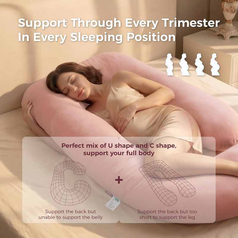 57in U Shaped Pregnancy Pillow Full Body Maternity Pillow Cotton Pink6