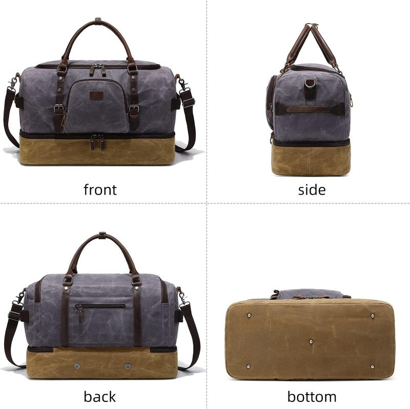 Nerlion Weekender Duffle Bag Gray Canvas Leather Carry On w/ Shoe Compartment8