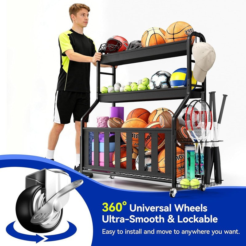 Sports Equipment Organizer, Rolling Ball Storage Cart with Locking Wheels, Hooks1