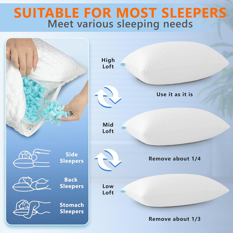 Cooling Pillows Queen Size Set of 2, Memory Foam Pillows with Zipper, Firm Bed P5