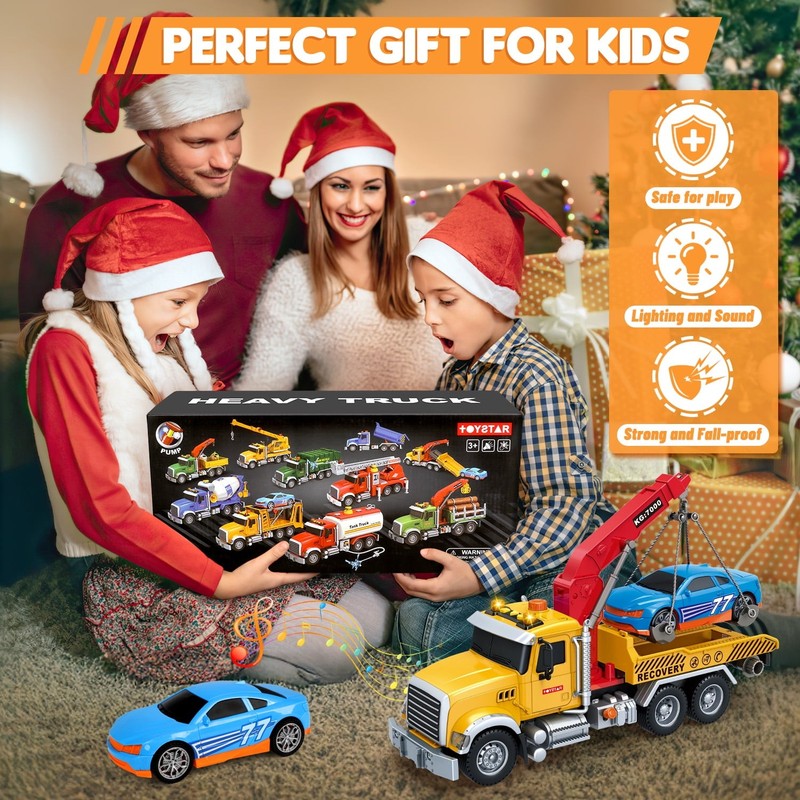 Kids Tow Truck Toys, 15" Large Toddler Car Toys, Transport Truck Crane with Road2