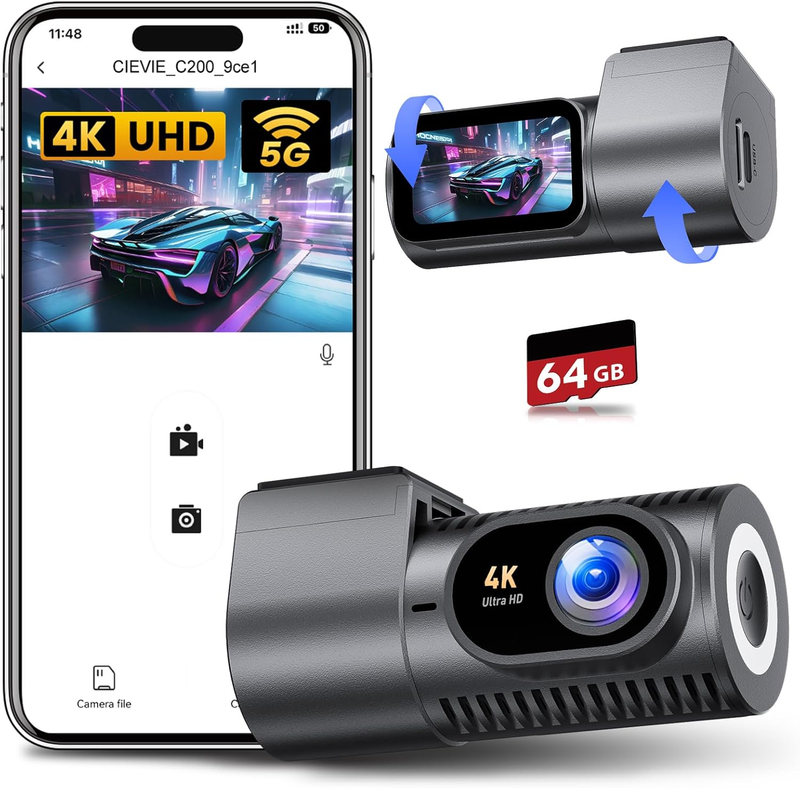 4K Dash Cam Front Mini 360° w/ 64GB Card 5G WiFi WDR Night Vision 170° Car Cam0