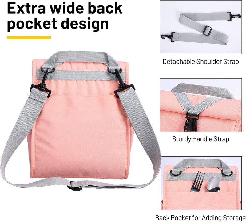 Insulated Roll Top Lunch Bag for Women Men Foldable Tote w/ Shoulder Strap Pink3