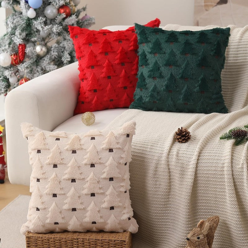 Christmas Pillow 18"x18" Covers Set of 2 Beige Plush Faux Fur Tree Holiday Decor3