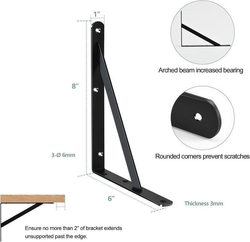 12 Pack L8 X H 6" Black Heavy Duty Shelf Brackets with Screws Metal Shelf Bracke1