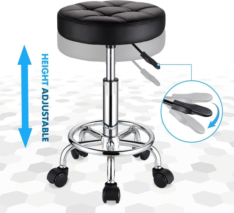 Adjustable Round Rolling Stool with PU Leather Seat and Wheels - Black4