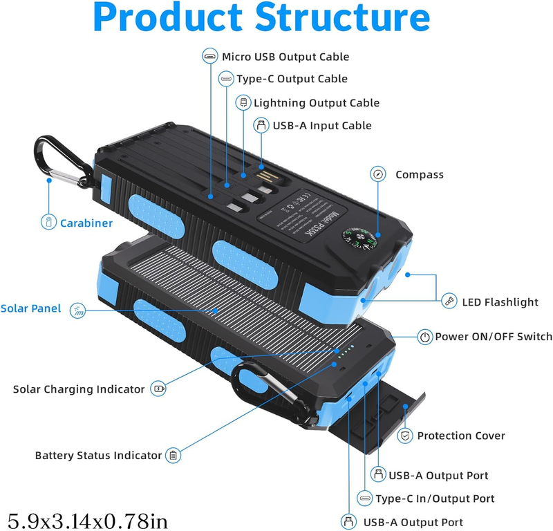 20000mAh Solar Power Bank USB-C Waterproof Dual Flashlight Camping Charger8