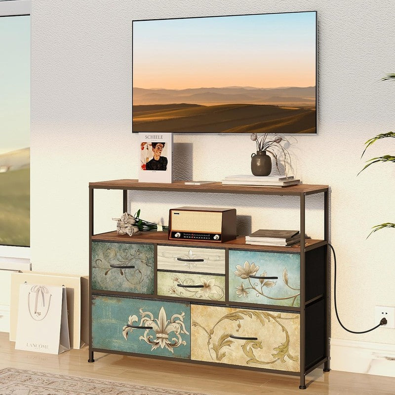 TV Stand Dresser with Power Outlet LED Light 6 Fabric Drawers Retro Storage1
