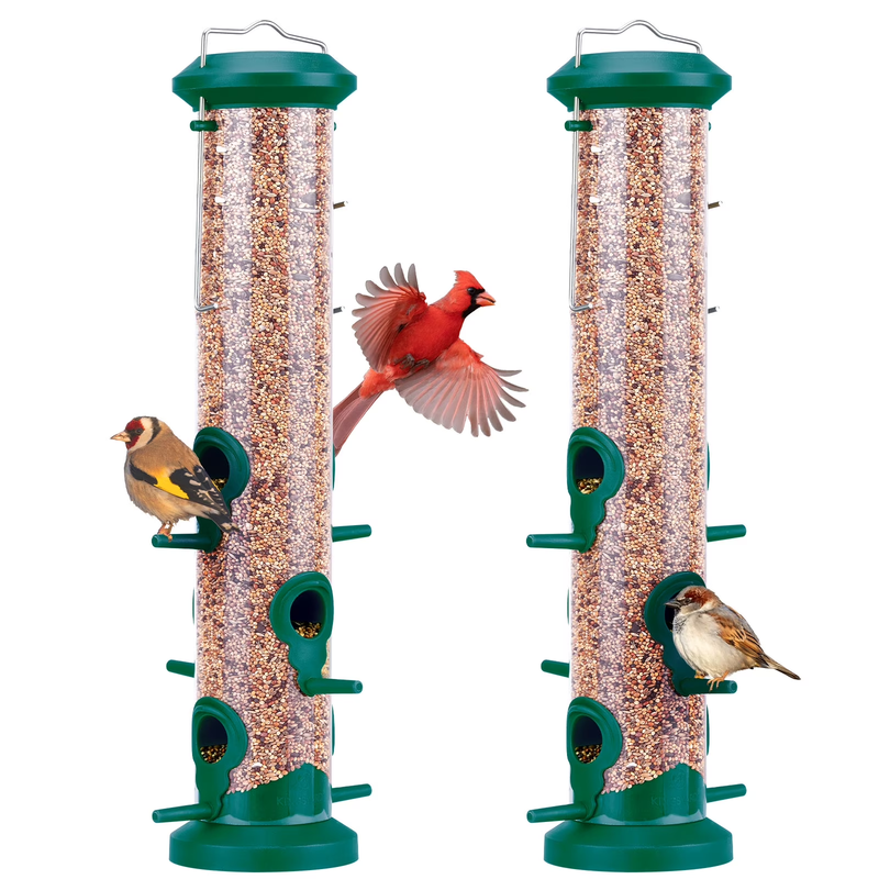 2-Pack Green Plastic Tube Bird Feeders, 6-Port Hanging Feeders for Outdoors9