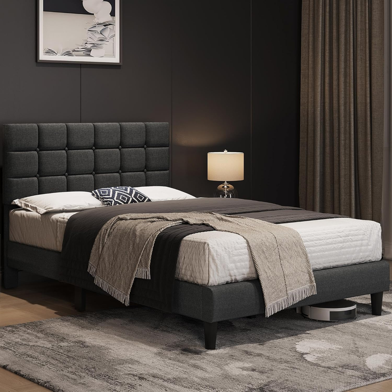 Upholstered Full Bed Frame Tufted Headboard Adjustable Wood Slats Dark Gray2
