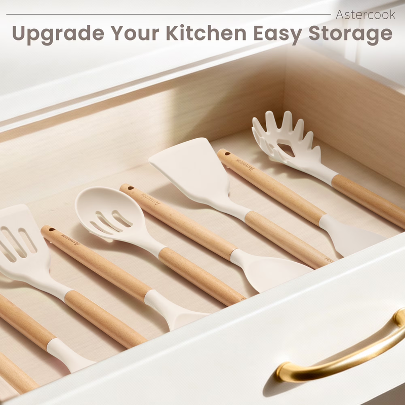 38PCS Silicone Kitchen Utensil Set Wooden Handle Heat Resistant White2