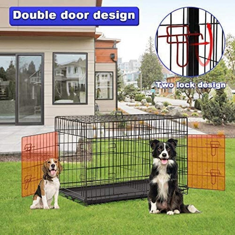 24" Foldable Metal Dog Crate Small Dogs Double Door Divider Black Tray4