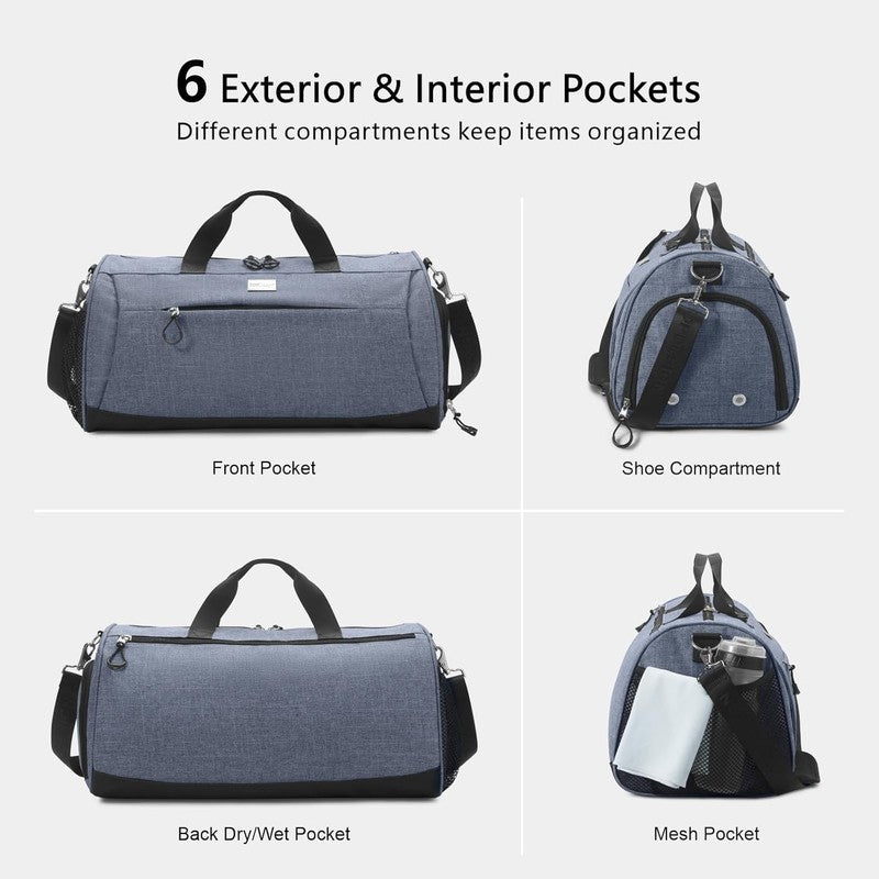 Gym Bag Unisex Duffel Shoe Compartment Wet Pocket Travel Sports Textured Blue M4