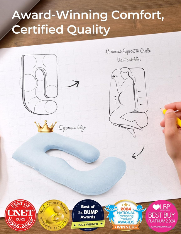57in U Shaped Pregnancy Pillow Full Body Maternity Jersey Cotton Blue1