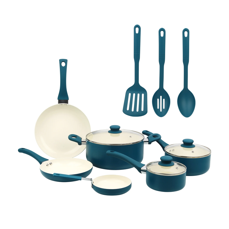 12 Piece Ceramic Nonstick Aluminum Pots and Pans Cookware Set, Blue0