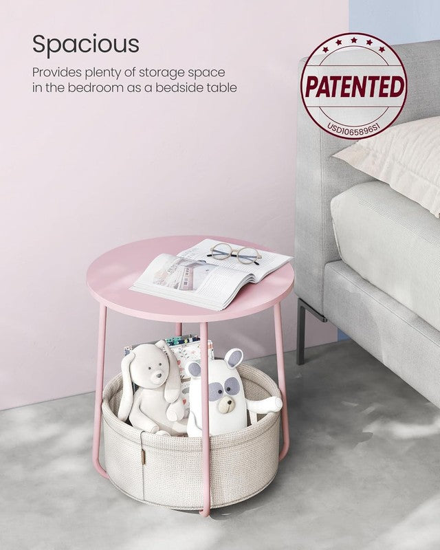Small Round Side Table Nightstand with Fabric Basket Jelly Pink Cream White3
