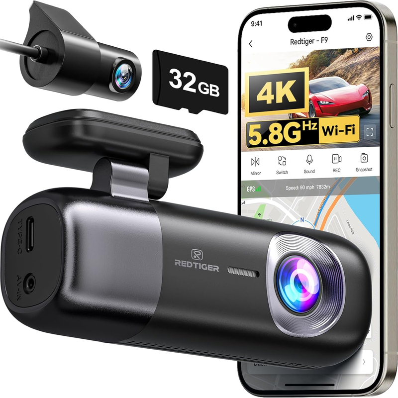 F9 4K Front & 1080P Rear Dash Cam WiFi GPS 32GB Card Night Vision Parking Mode0