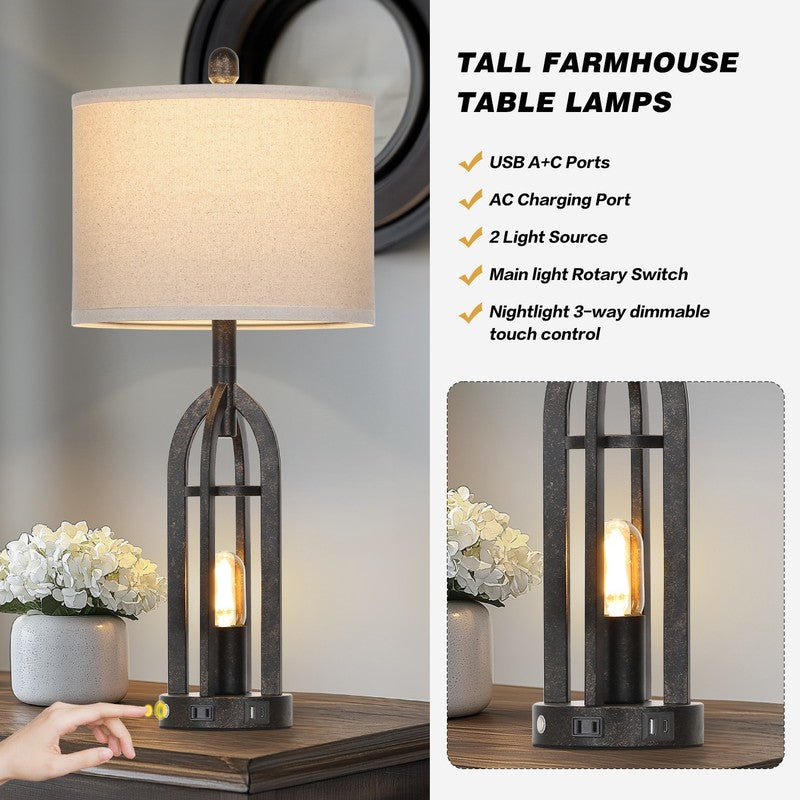Set of 2 Industrial Table Lamps USB A+C Ports AC Outlet 3 Way Touch Dimmable Gol5