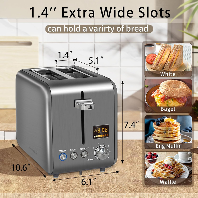 Dark Metallic 2 Slice Toaster Stainless Steel - LCD, 7 Shades, Bagel, Defrost1