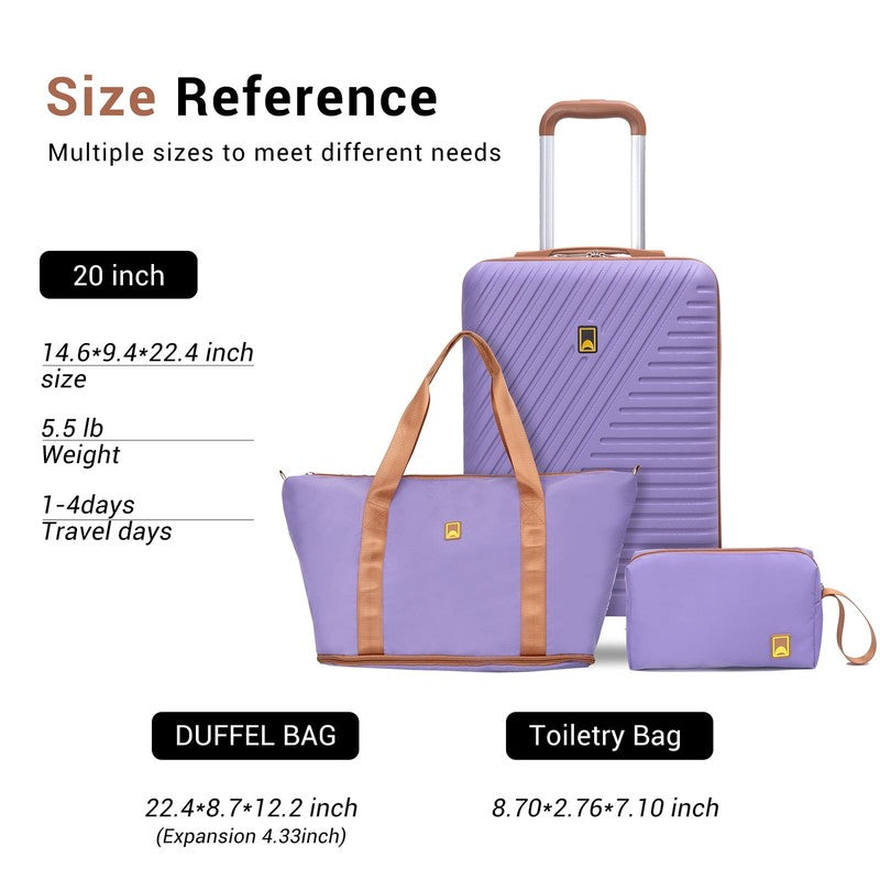 3 Piece Carry On Hardside Luggage Set Spinner Wheels Toiletry Light Purple3