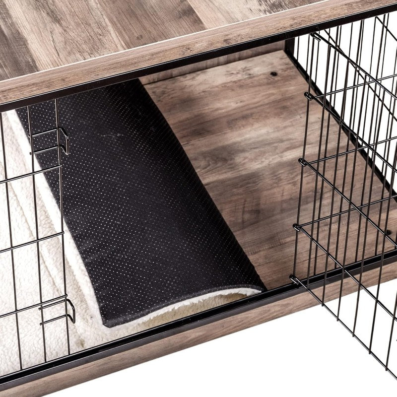 Dog Crate Furniture Table w/Cushion Wooden Kennel Double Door 27.2" Greige5