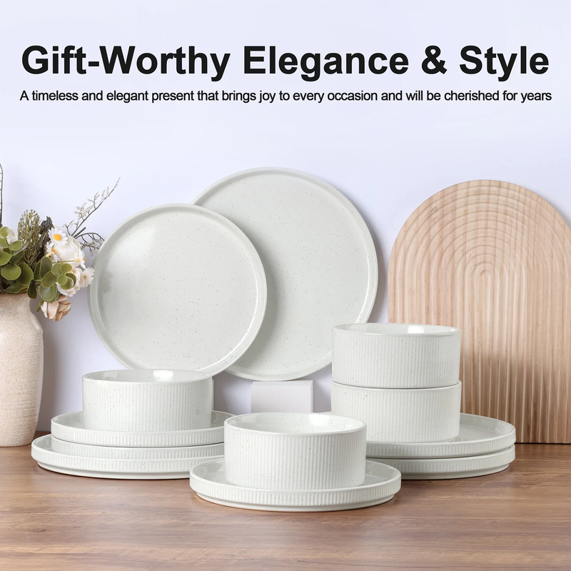 12Pc Stoneware Dinnerware Set for 4 Ribbed Plates Bowls Speckled White3