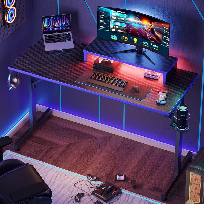 42" Gaming Desk PC Table w/ LED Lights, Monitor Stand, Hook & Cup Holder Blue7