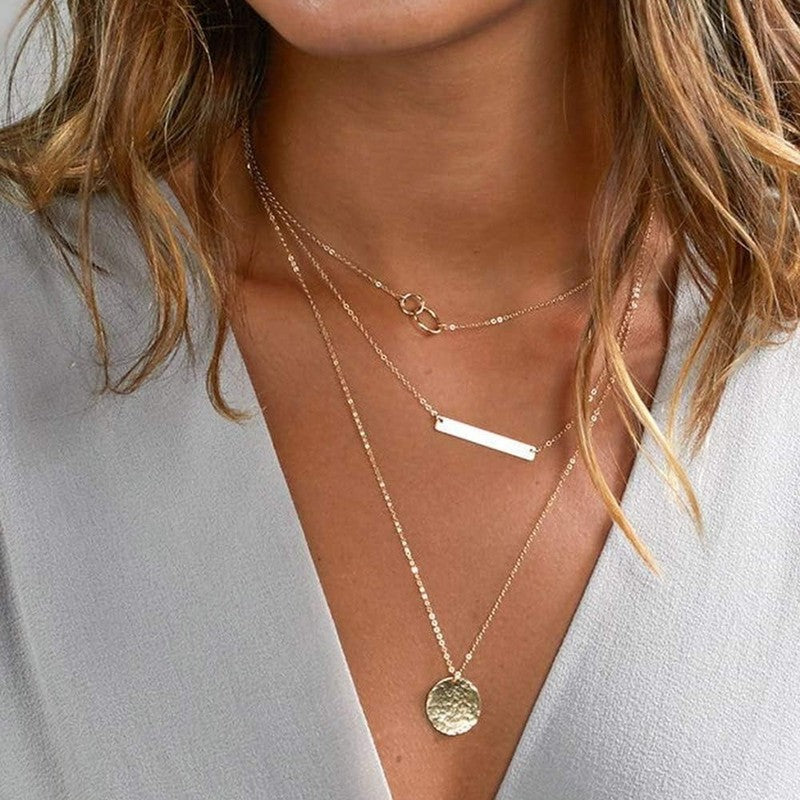 Dainty Layered Choker Necklace 14K Gold Plated Y Bar Disc Pendant for Women5
