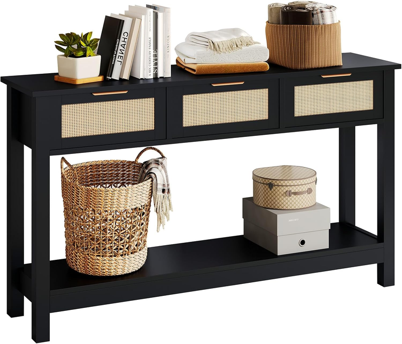 47'' Black Entryway Console Table 3 Rattan Drawers Open Shelf Sofa Table0
