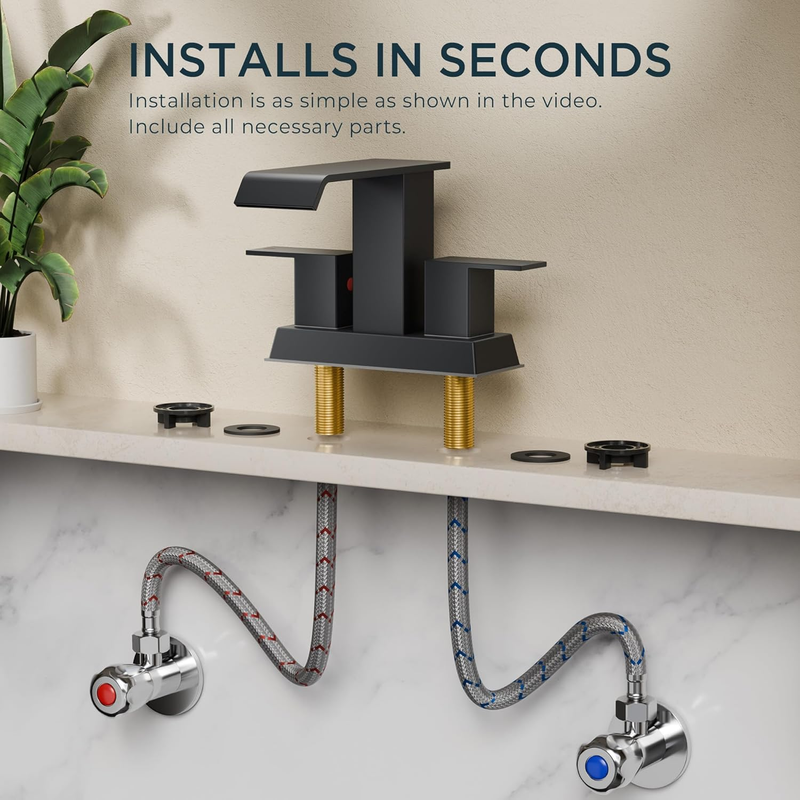Square Waterfall Matte Black Bathroom Faucets 3 or 2 Hole for 4 Inch Centerset S3