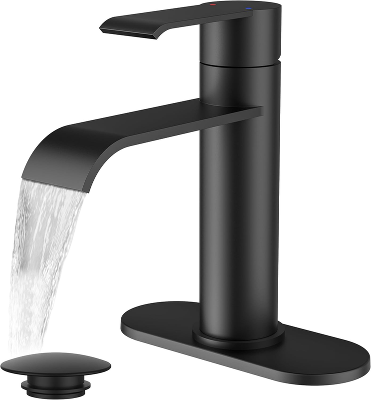 Black Bathroom Faucet 1 Hole, Single Handle Matte Black Waterfall Bathroom Fauce10